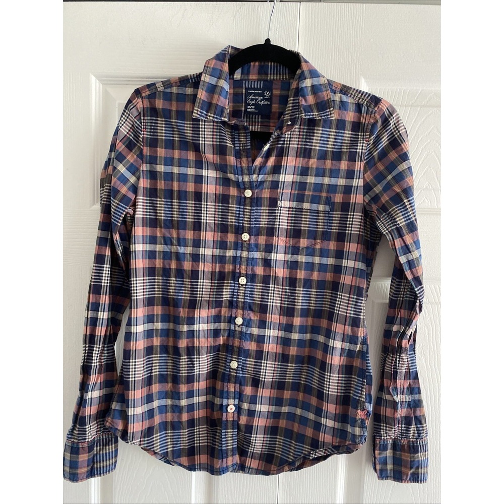 American Eagle Classic Prep‎ Fit Shirt Womens XS Blue Pink Plaid Cotton Academic